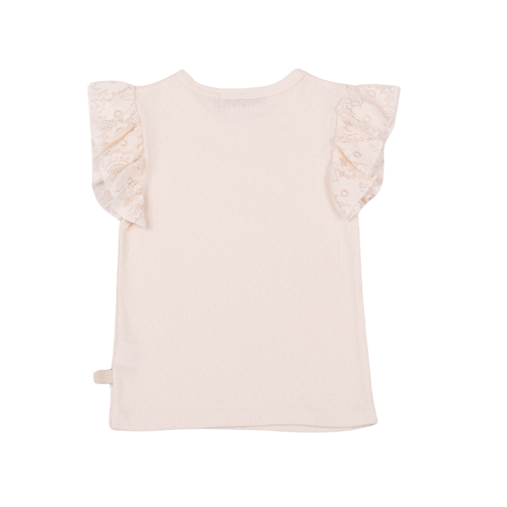 Girl's cream pink short sleeve cotton T-shirt with playful winged sleeves – soft and stylish for everyday wear