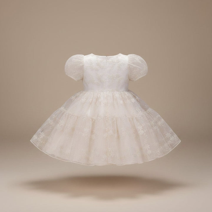 Julie Dausell off-white Cleo tulle dress with puff sleeves and delicate floral embroidery for special occasions.