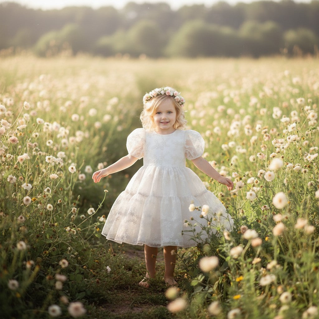 A young girl wearing a Julie Dausell off-white tulle dress with puff sleeves, standing in a field of wildflowers.