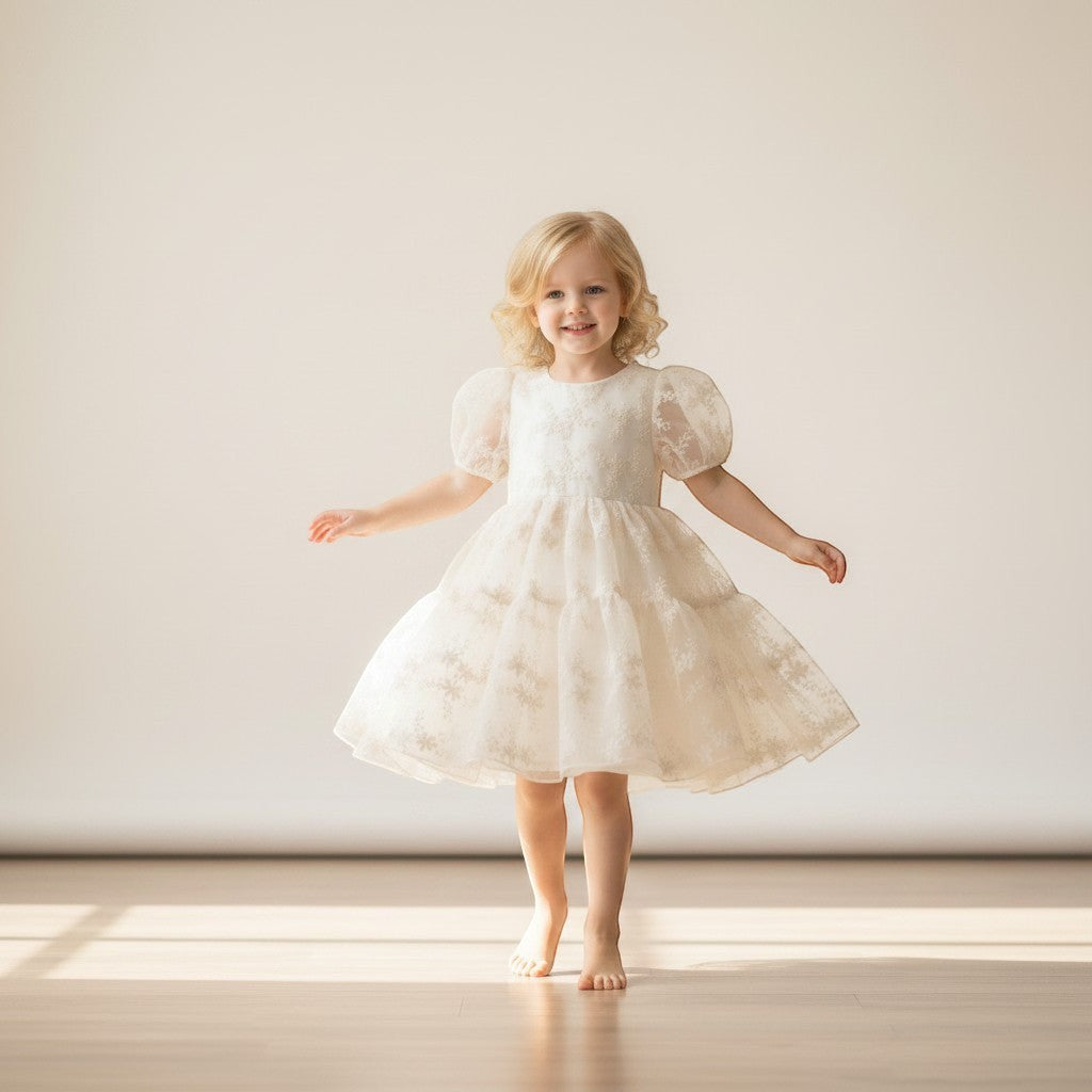 A young girl twirling in a Julie Dausell off-white tulle dress with puff sleeves and delicate floral embroidery.